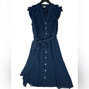 Cremieux Navy blue Midi‎ Dress flutter sleeve Ruffles button